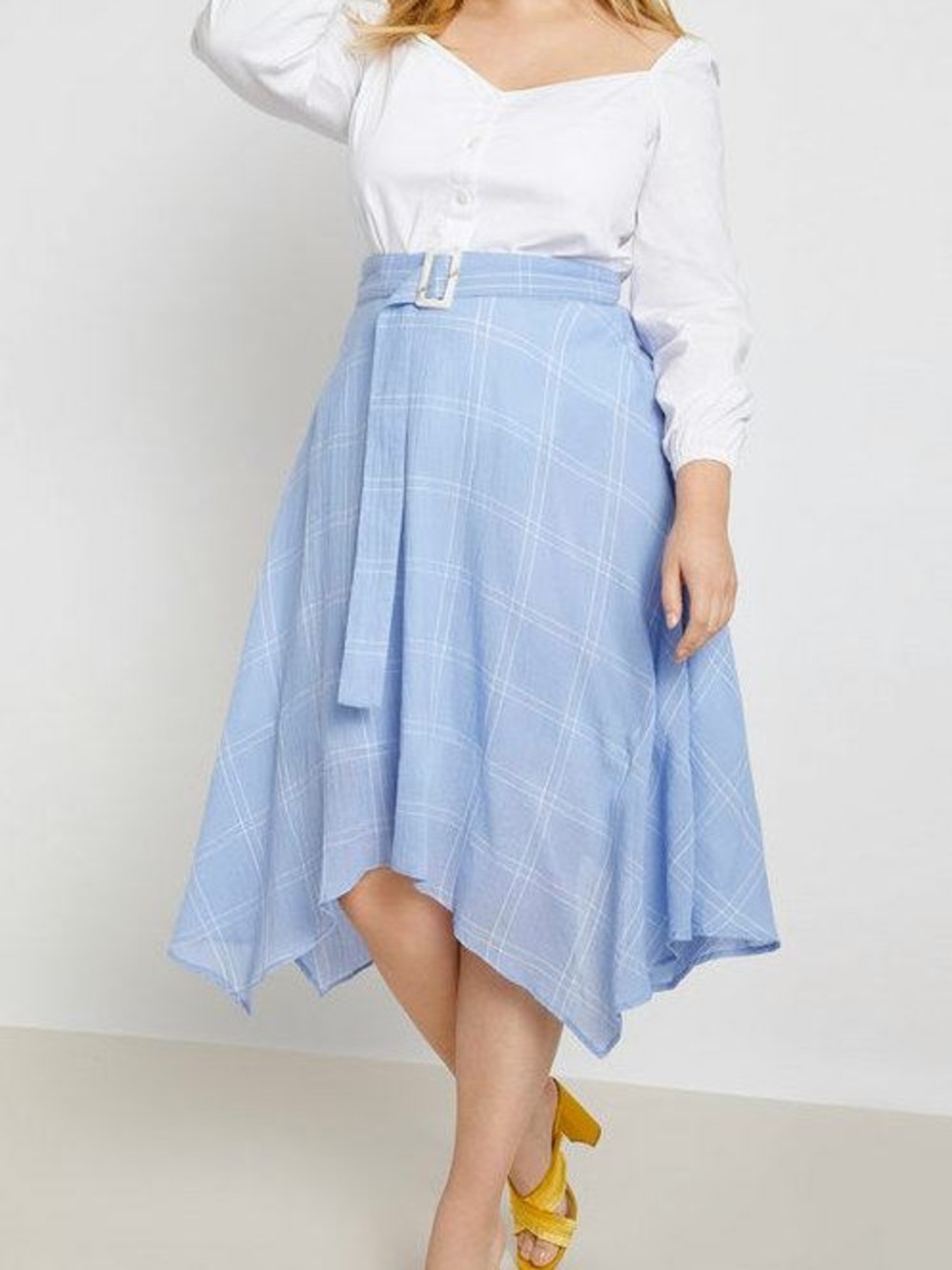 Eloquii Light Blue Plaid Handkerchief-Hem Midi Skirt